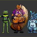 Vibrant Game Movie Characters Featuring Green Frog Waving Chubby Purple Coat And Blue Horned Figure