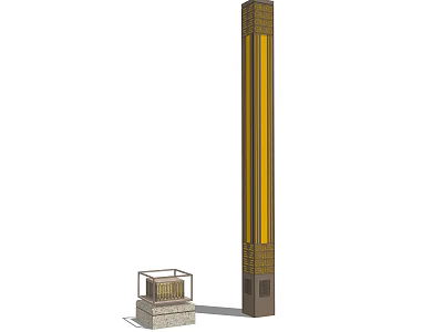 Tall Modern Outdoor Light Post With Decorative Yellow Stripes And Stone Base Design 3d model