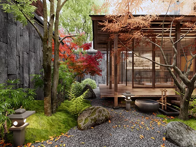 Karesansui Zen Garden with Stone Wall Red Maple Trees Moss Stones Stone Lanterns and Wooden Pavilion 3d model