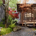 Karesansui Zen Garden with Stone Wall Red Maple Trees Moss Stones Stone Lanterns and Wooden Pavilion
