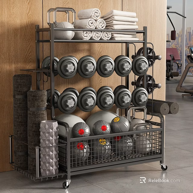 Gym Sports Equipment Storage Cart With Dumbbells Rolled Towels Medicine Balls And Fitness Rollers 3d model 