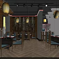 Hot Pot Restaurant Interior With Traditional Lanterns Wooden Decor And Dining Tables