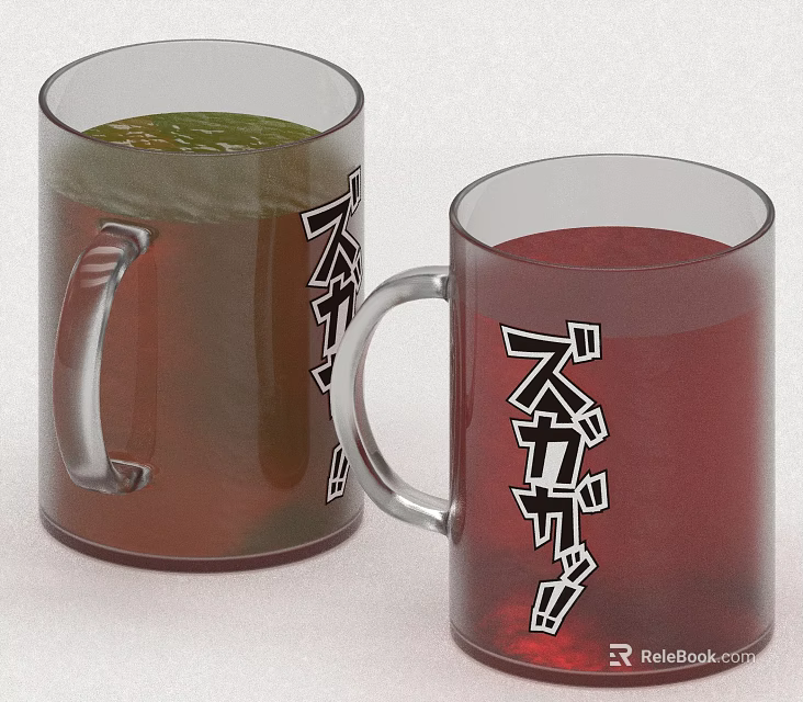 Two Transparent Mugs With Green And Red Liquid Featuring Black Japanese Characters 3d model 