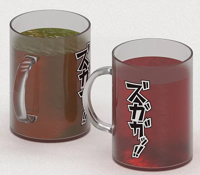 Two Transparent Mugs With Green And Red Liquid Featuring Black Japanese Characters 3d model