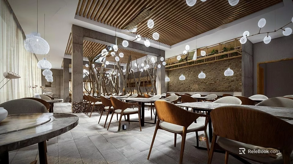 Rustic Restaurant Interior With Wooden Ceiling Spherical Hanging Lights Stone Walls And Dining Tables 3d model 