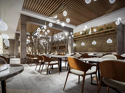 Rustic Restaurant Interior With Wooden Ceiling Spherical Hanging Lights Stone Walls And Dining Tables 3d model