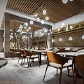 Rustic Restaurant Interior With Wooden Ceiling Spherical Hanging Lights Stone Walls And Dining Tables