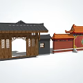 Chinese Entrance Gates Featuring Black Orange Roofs Wooden Design Red Walls And Green Circular Decoration