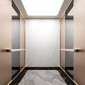 Elegant Elevator Interior Featuring Gold Paneling Marble Floor Control Panel Handrails And Soft Lighting