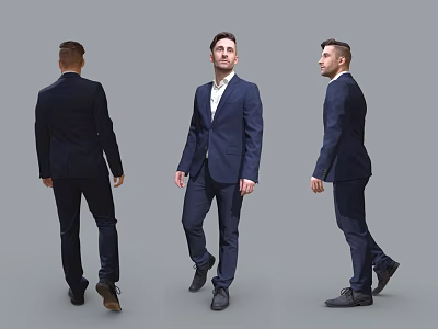 Men In Dark Blue Suits Showing Back Front And Side Views Against Gray Background 3d model