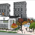 Vibrant Commercial Complex With Modern High Rise Buildings Traditional Architecture Greenery And Pedestrians