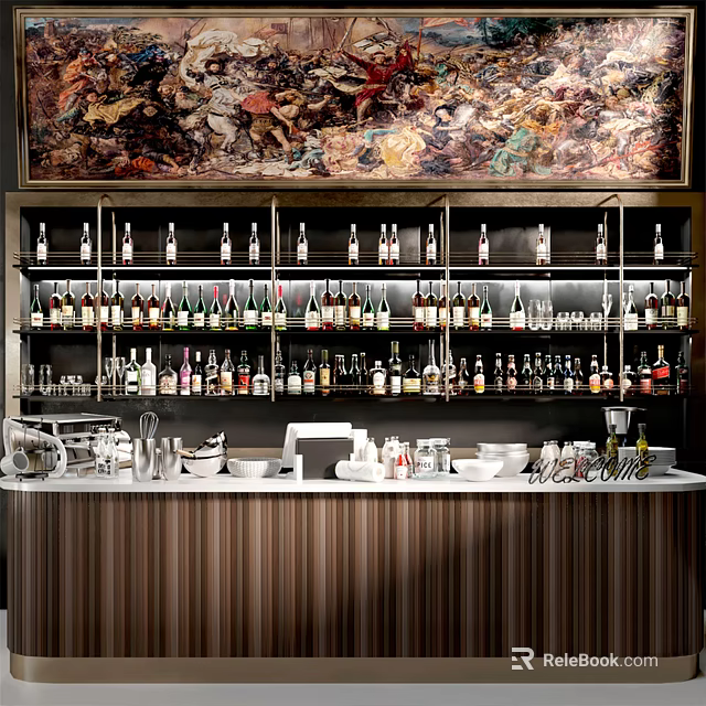 Modern Bar Counter With Shelves Displaying Various Bottles And Decorative Wall Art 3d model 