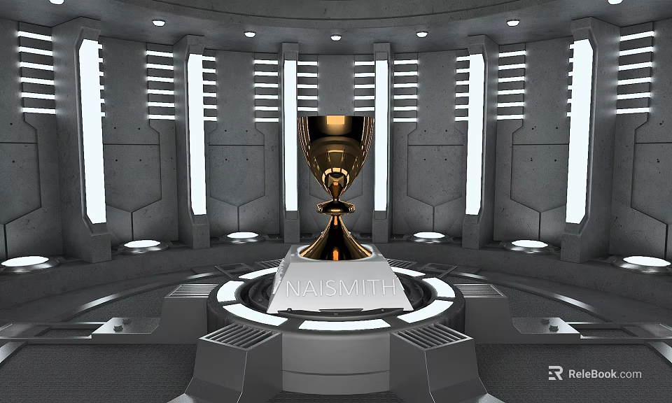 Display Shelves Featuring Golden Trophy On Circular Platform With Illuminated Strips And Gray Walls 3d model 