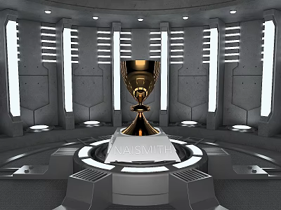 Display Shelves Featuring Golden Trophy On Circular Platform With Illuminated Strips And Gray Walls 3d model