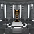 Display Shelves Featuring Golden Trophy On Circular Platform With Illuminated Strips And Gray Walls