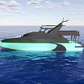 Light Green And Black Yacht Floating On Blue Sea With Open Deck And Upper Structure