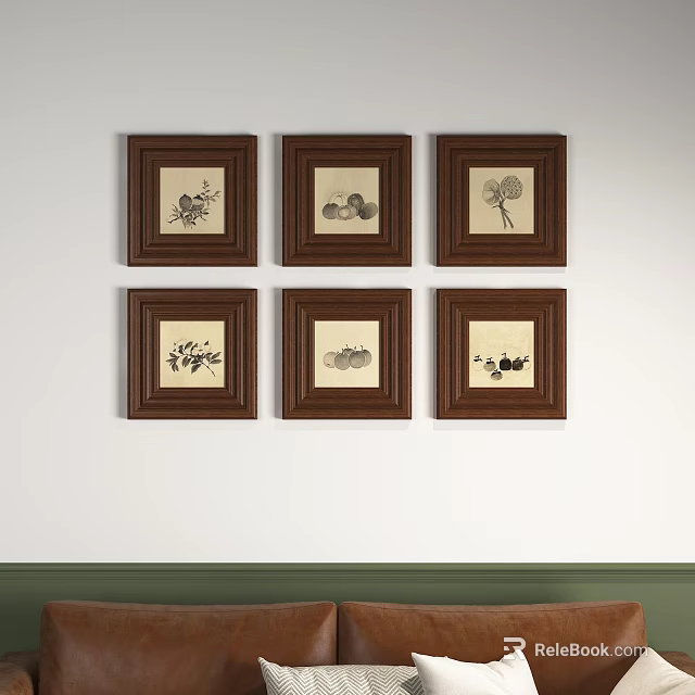 Photo Wall With Six Brown Framed Botanical Prints On White Wall 3d model