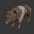 Realistic Standing Pig With Black And White Spots And Yellow Eyes On Dark Background
