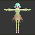 3D Model Character With White Short Hair Striped Long Sleeve Top Gray Skirt And Sneakers