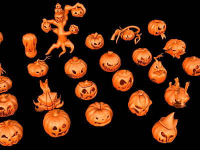 Orange Halloween Decorations With Various Jack o Lanterns And Spooky Shapes 3d model