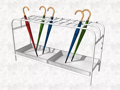 White Metal Umbrella Stand With Colorful Umbrellas And Storage Compartments 3d model