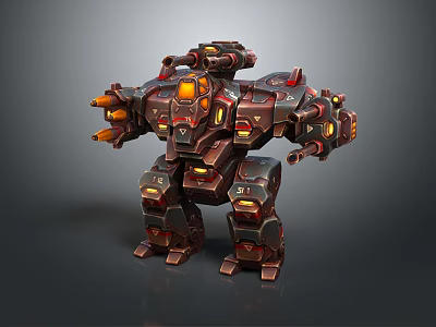 Futuristic Mechanical Robot Character Design With Armored Plates Glowing Orange Lights And Weapon Attachments 3d model
