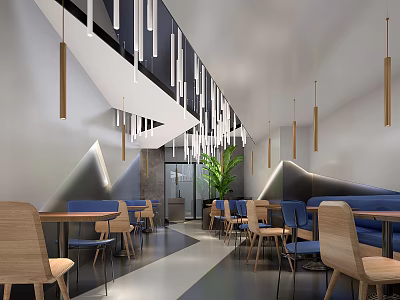 Modern Restaurant Interior With Wooden Tables Blue Seats Green Plant And Hanging Lamps 3d model