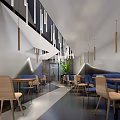 Modern Restaurant Interior With Wooden Tables Blue Seats Green Plant And Hanging Lamps