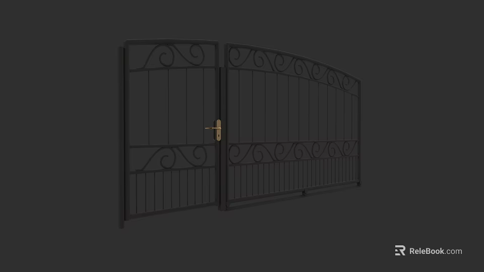 Black Wrought Iron Double Gate With Decorative Patterns And Golden Handle 3d model 