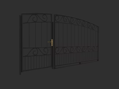 Black Wrought Iron Double Gate With Decorative Patterns And Golden Handle 3d model