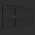 Black Wrought Iron Double Gate With Decorative Patterns And Golden Handle