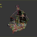 Wooden Pirate Ship Model With Black Sails And Skull Flag Detailed Design