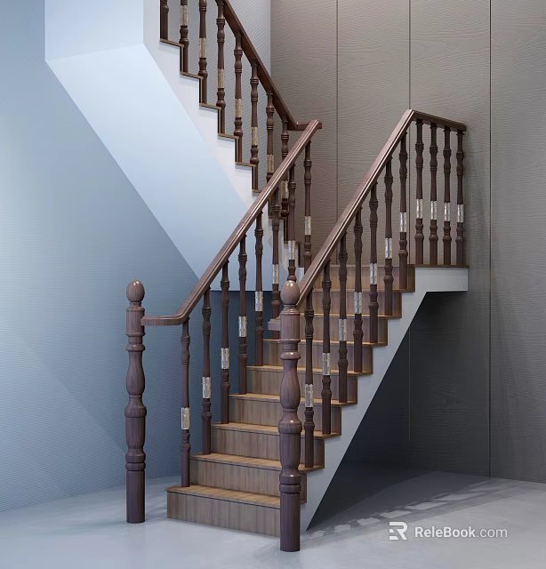 Wooden Staircase Design With Brown Handrail And Balusters In Light Gray Interior 3d model 