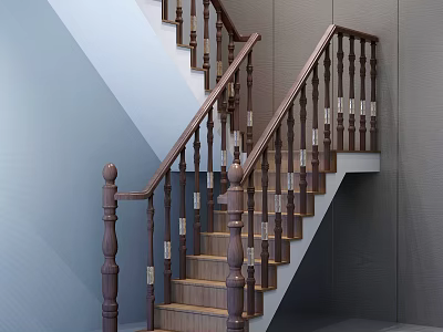 Wooden Staircase Design With Brown Handrail And Balusters In Light Gray Interior 3d model