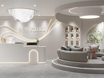 Modern Beauty Salon Interior Design With Reception Desk Comfortable Sofa Decorative Plants And Elegant Lighting 3d model