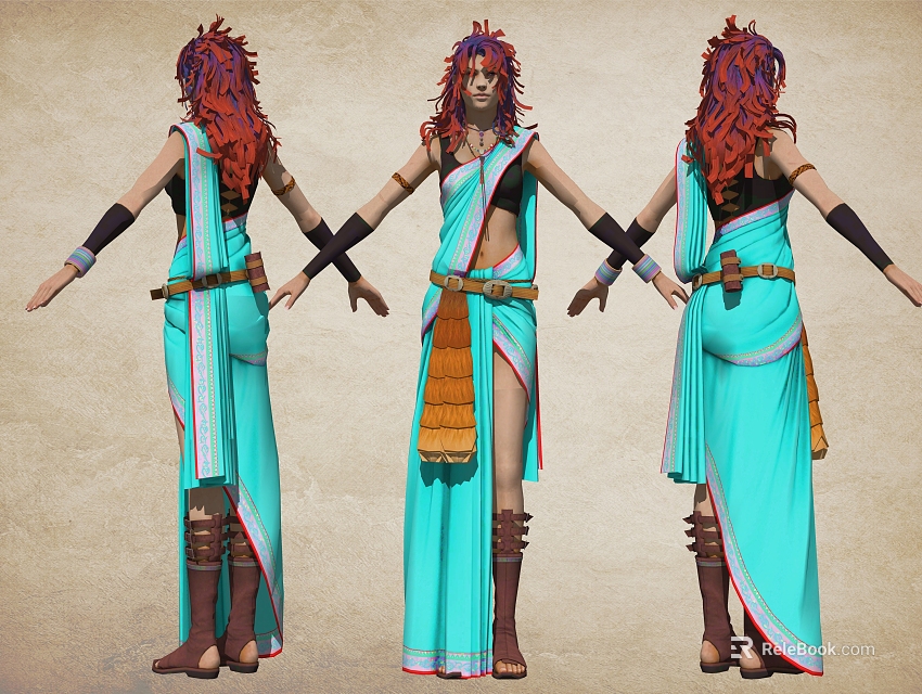 Game and Movie Character With Red Hair Turquoise Outfit Brown Belt Arm Guards And Boots 3d model 