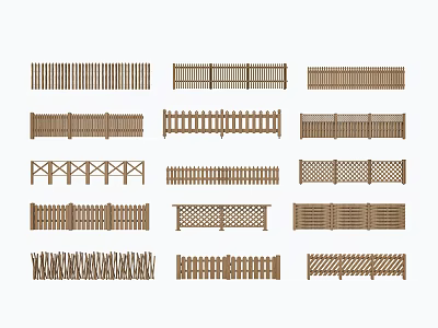 Various Wooden Fence Designs With Slatted Lattice Cross And Decorative Patterns 3d model
