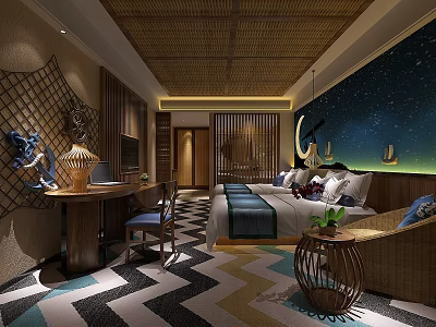 Elegant Traditional Hotel Room Interior With Wicker Ceiling Starry Backdrop And Comfortable Bed 3d model