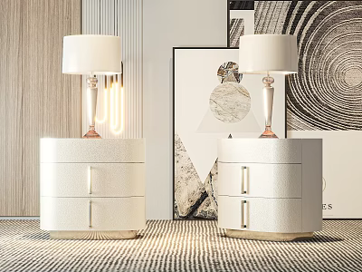 White Bedside Tables With Drawers Table Lamps With White Shades Framed Artworks Wooden Wall 3d model