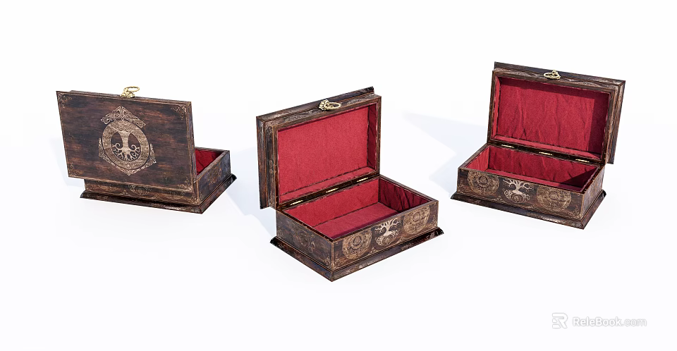 Display Cabinets With Open Wooden Boxes Featuring Red Lining And Carved Details 3d model 