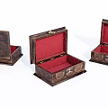 Display Cabinets With Open Wooden Boxes Featuring Red Lining And Carved Details