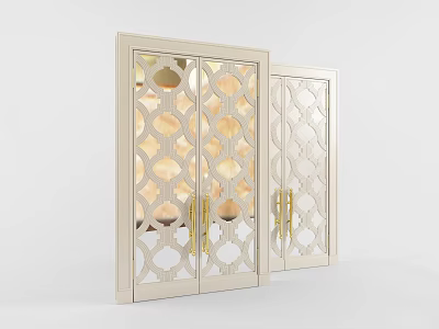 Elegant Modern Swing Door With Geometric Pattern Glass And Golden Handles 3d model