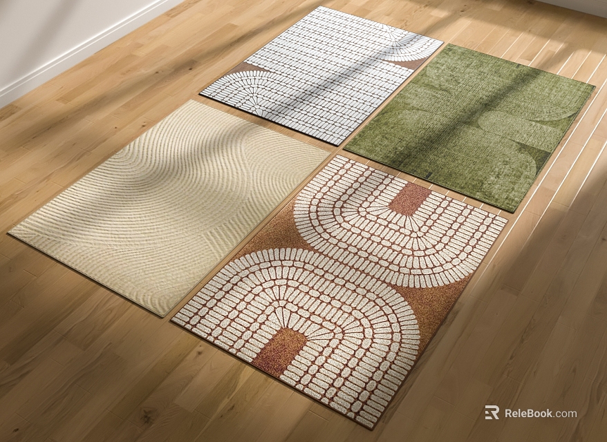 Stylish Square Rugs Featuring Geometric Patterns Green Brown Tones On Wooden Floor 3d model 