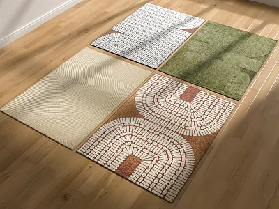 Stylish Square Rugs Featuring Geometric Patterns Green Brown Tones On Wooden Floor 3d model