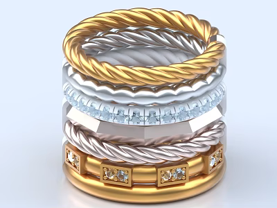 Elegant Stacked Gold And Silver Twisted Rope Rings With Diamond Accents Jewelry Design 3d model