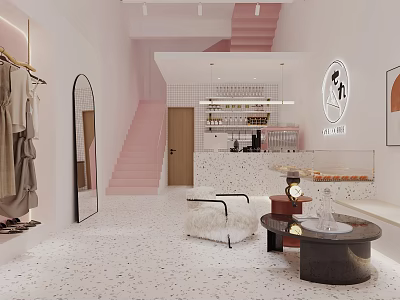 Charming Dessert Shop Interior Featuring Pink Staircase Open Space Marble Table And Cozy Seating 3d model