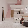 Charming Dessert Shop Interior Featuring Pink Staircase Open Space Marble Table And Cozy Seating