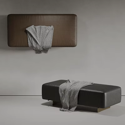 Black Leather Sofa Bench with Draped Gray Blanket in Modern Minimalist Living Area 3d model