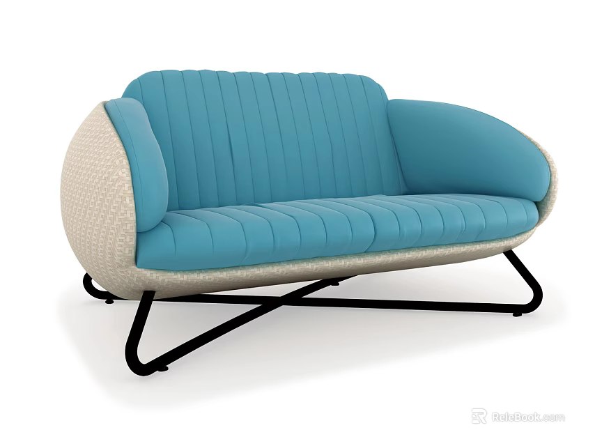 Modern Blue Two Seater Sofa With Woven Beige Armrests And Black Cross Metal Legs 3d model 
