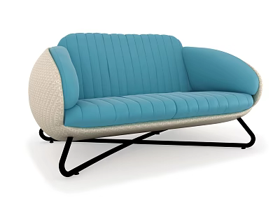 Modern Blue Two Seater Sofa With Woven Beige Armrests And Black Cross Metal Legs 3d model